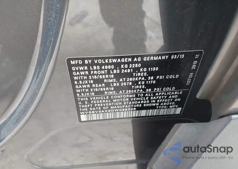 2013 Volkswagen Tiguan S из США, поврежденный, VIN WVGBV3AX9DW088326